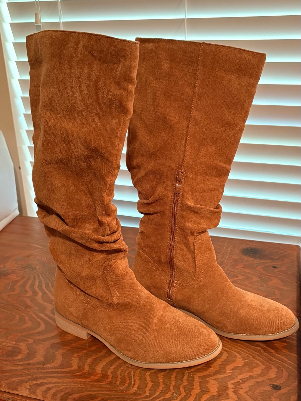 Faux Suede Mid-Calf Slouch Boots in Chestnut Brown